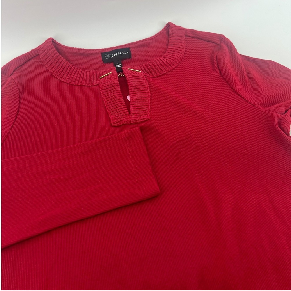 Festive Chic Rafaella Women Red Ribbed Long Sleeve Top Gold Hardware Split Neck